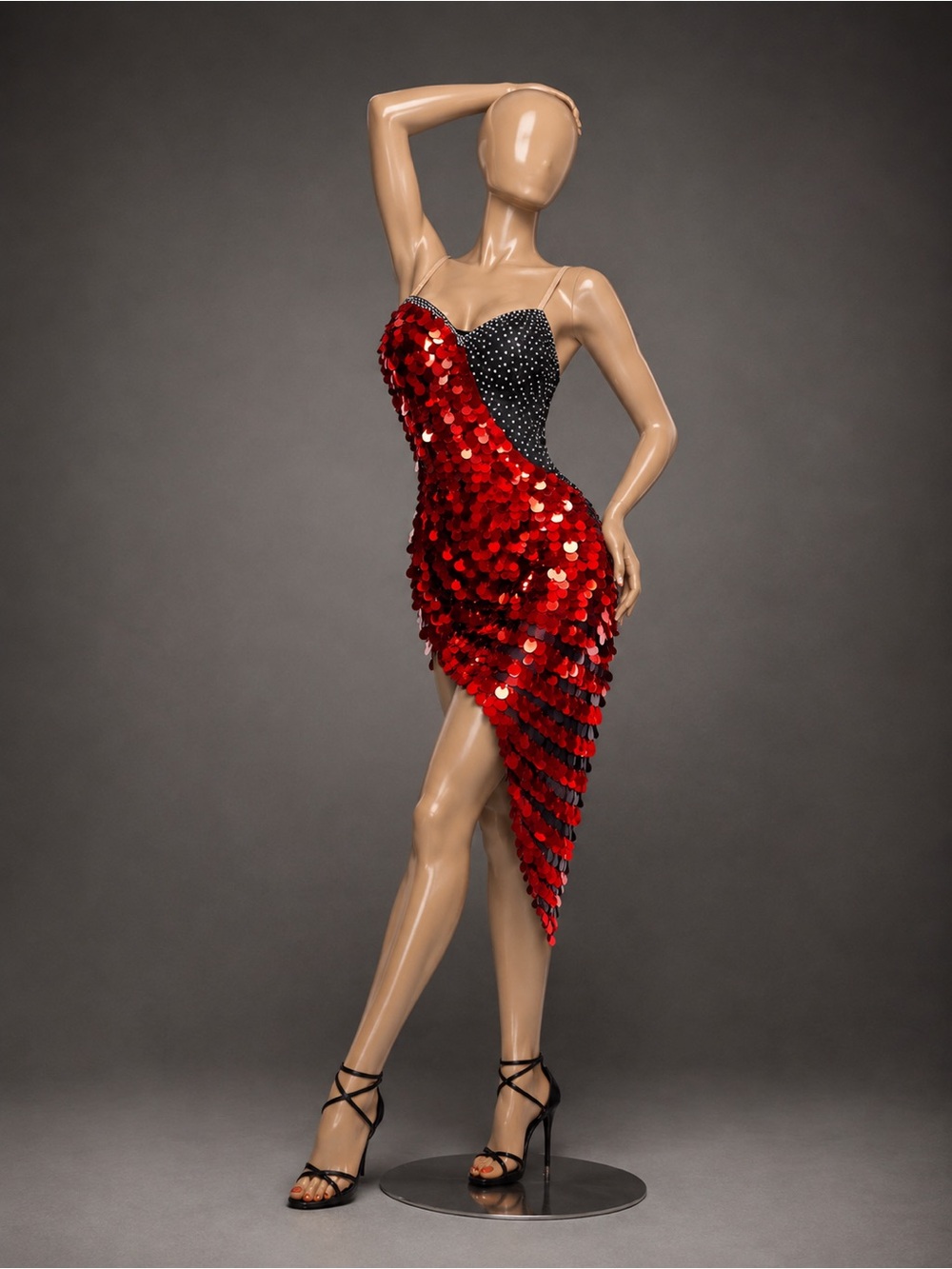 Asymmetrical Red Sequin Mini Dress with Black Embellished Bodice